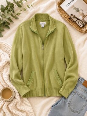 Carroll Reed Pistachio Green Zip Up Knit Sweater Jacket Medium